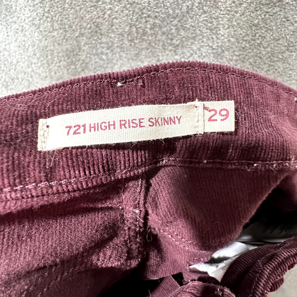 Levis 721 Corduroy Pants Women 29 Burgundy High Rise Skinny Exposed Button Fly - Picture 4 of 16
